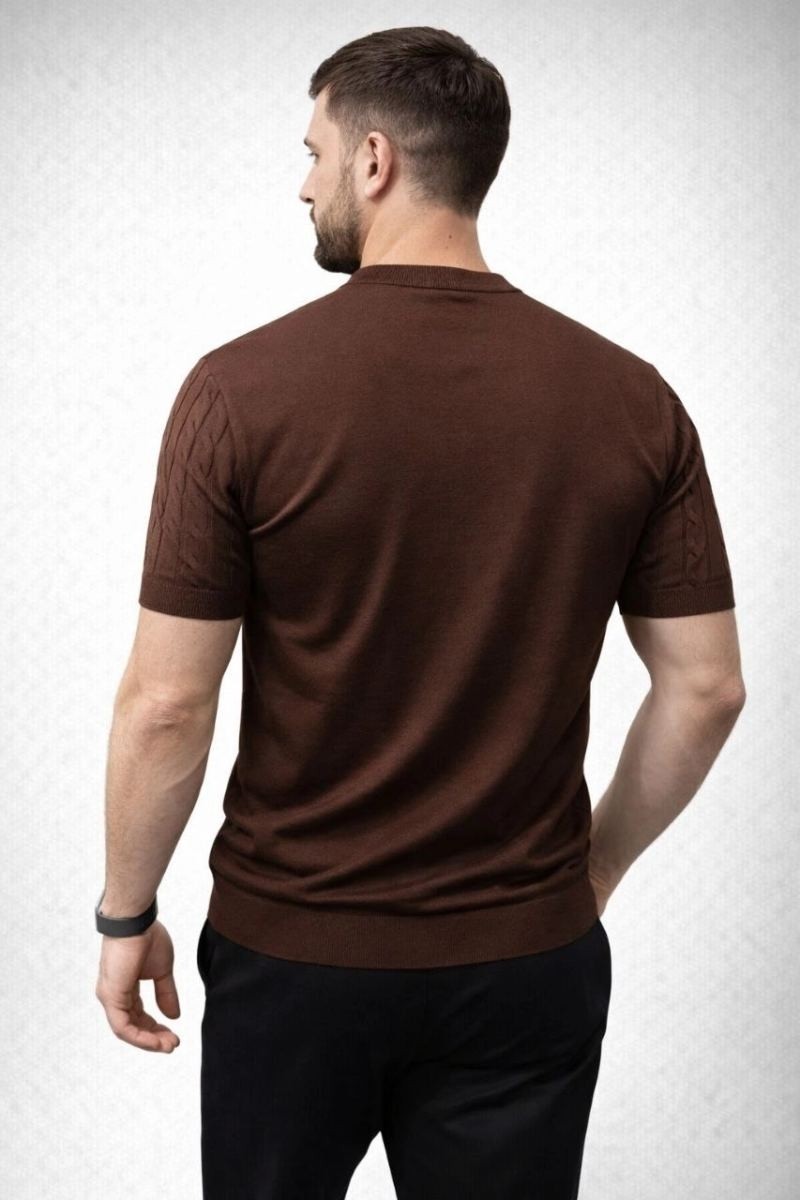 Fantastik Store Erkek Yazlık Triko Dokuma Tişört Kısa Kol Bisiklet Yaka Örgü Desenli T-Shirt - Kahverengi görsel 3