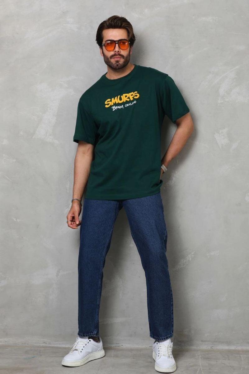 Fantastik Store Erkek Kısa Kol Yazlık Tişört Bisiklet Yaka Baskılı Oversize T-Shirt - Yeşil