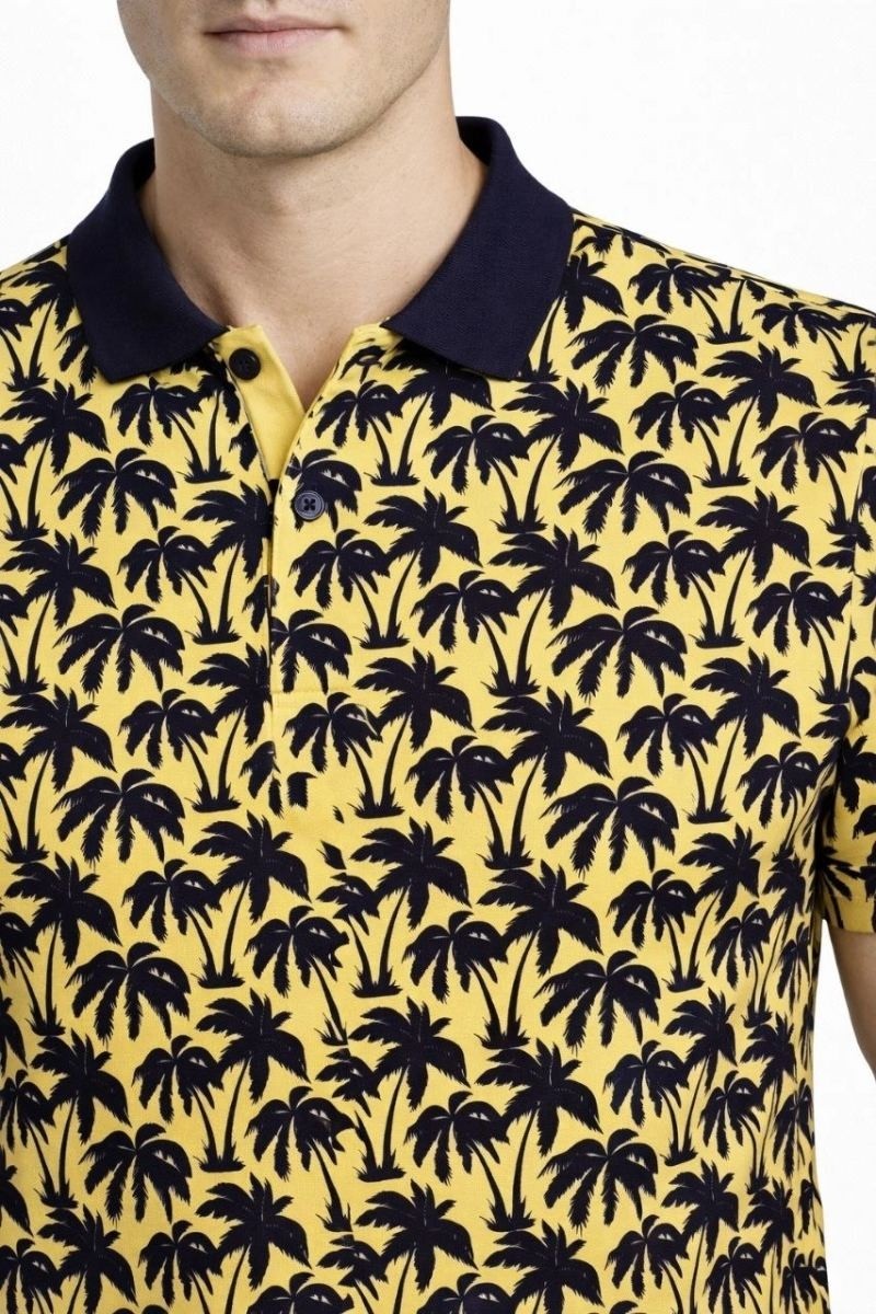 Fantastik Store Erkek Pike Kumaş Polo Yaka Palmiye Desenli Tişört Kısa Kol Yazlık T-Shirt - Sarı görsel 2