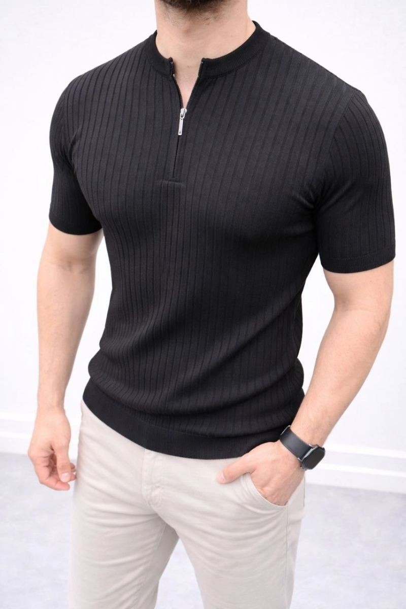 Fantastik Store Erkek Kısa Kol Fitilli Triko T-Shirt Yazlık Hakim Yaka Tişört - Siyah