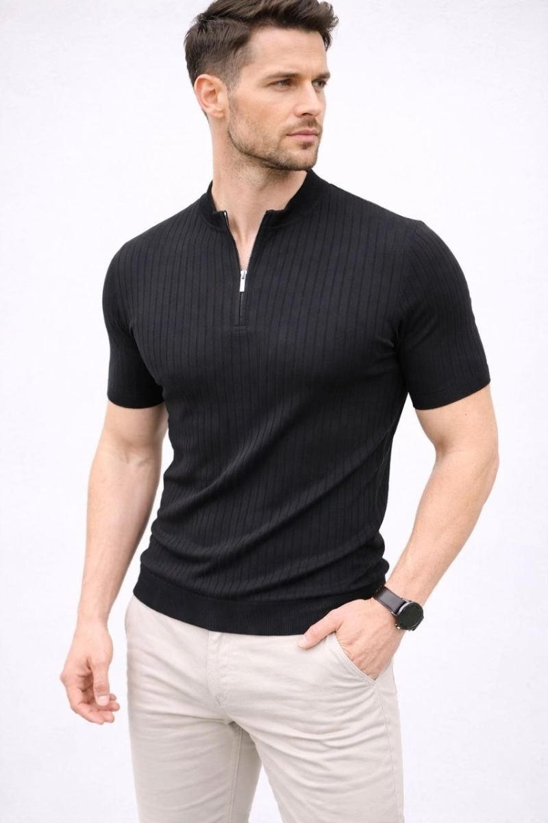 Fantastik Store Erkek Kısa Kol Fitilli Triko T-Shirt Yazlık Hakim Yaka Tişört - Siyah görsel 2