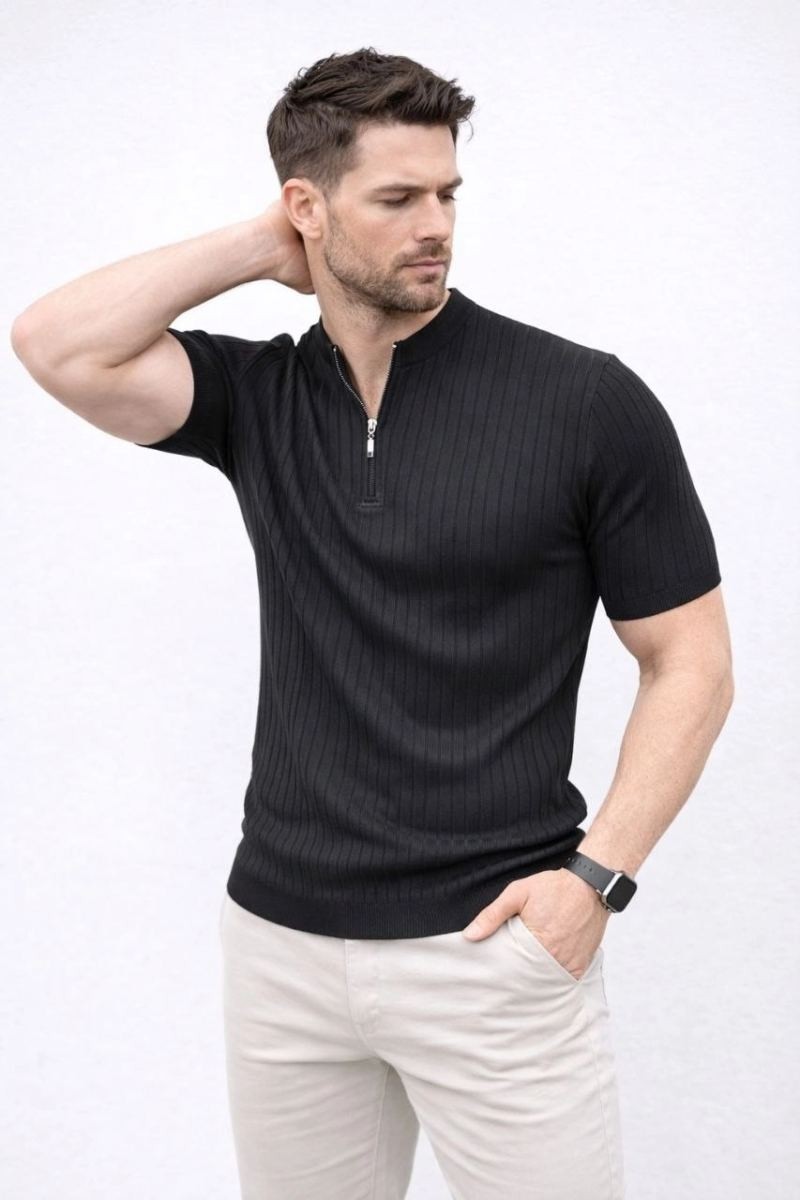 Fantastik Store Erkek Kısa Kol Fitilli Triko T-Shirt Yazlık Hakim Yaka Tişört - Siyah görsel 3