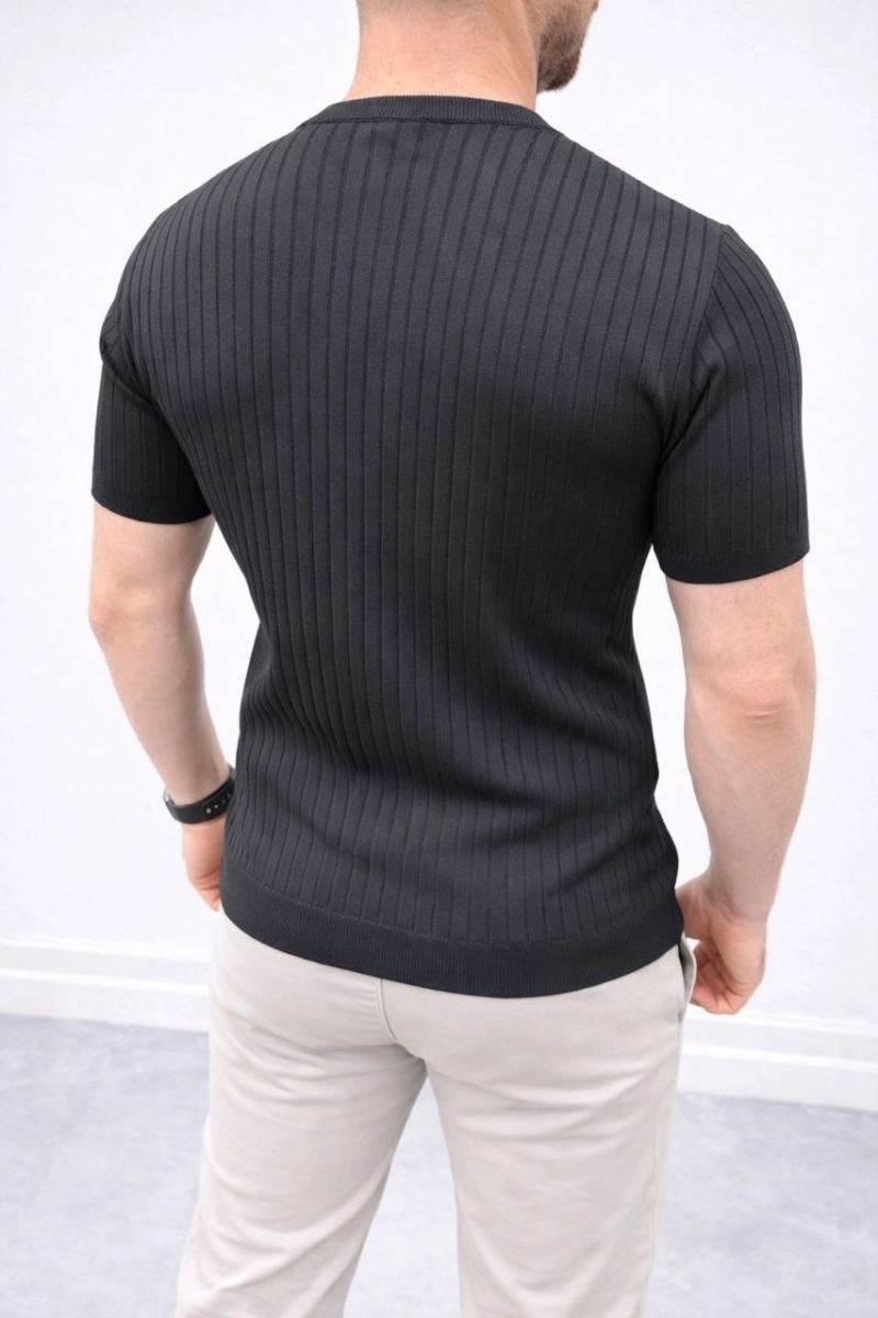 Fantastik Store Erkek Kısa Kol Fitilli Triko T-Shirt Yazlık Hakim Yaka Tişört - Siyah görsel 4