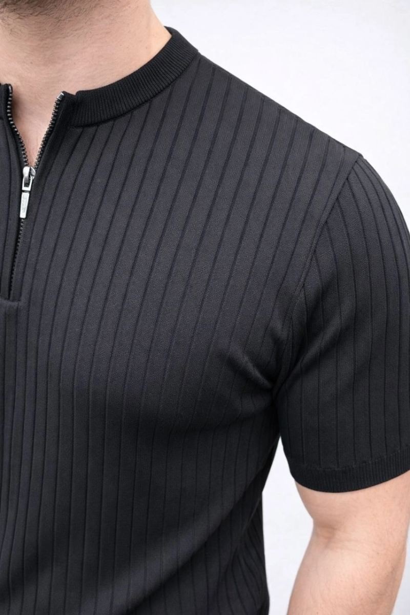Fantastik Store Erkek Kısa Kol Fitilli Triko T-Shirt Yazlık Hakim Yaka Tişört - Siyah görsel 5