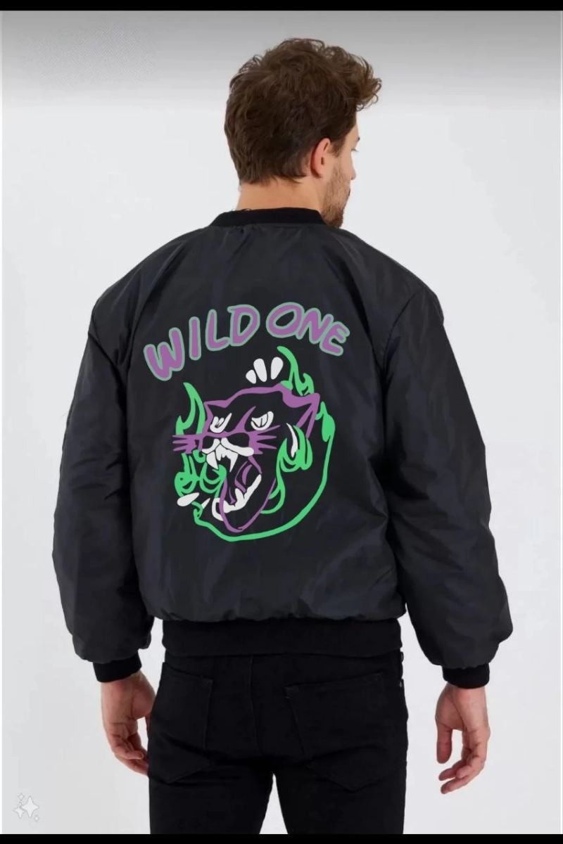 Fantastik Store Wild One Baskılı Erkek Bomber Mont, Panter Desenli, Fermuarlı, Kapitone Astarlı Ceket - Siyah görsel 2