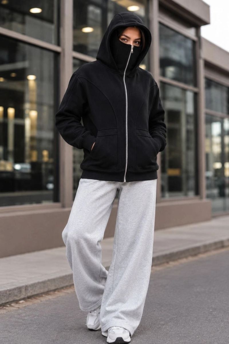 Fantastik Store Kadın Maskeli Ninja Model Çift Kapüşonlu 3 Iplik Şardonlu Fermuarlı Oversize Sweatshirt - Siyah görsel 3