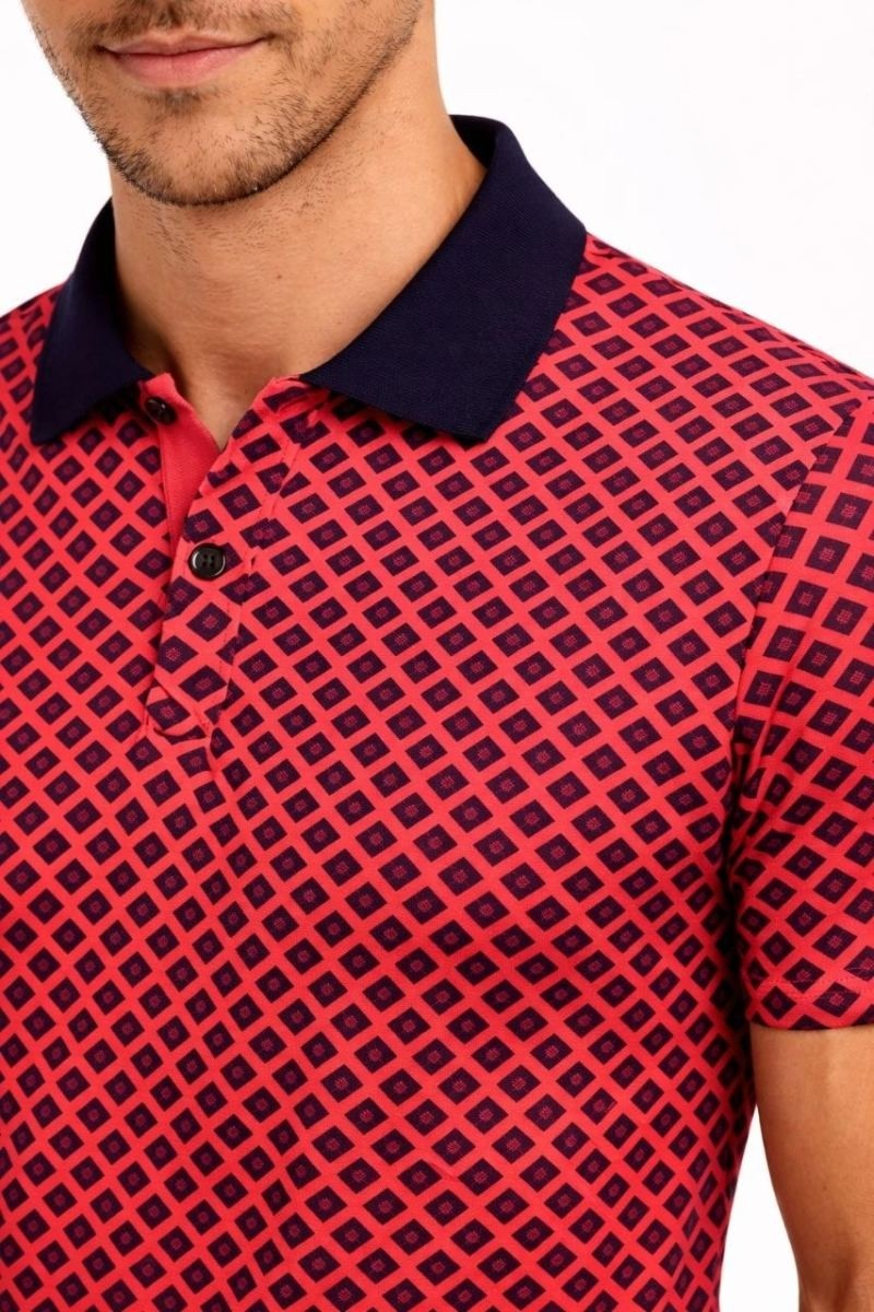 Fantastik Store Erkek Pike Kumaş Polo Yaka Desenli Tişört Kısa Kol Yazlık T-Shirt - Kırmızı