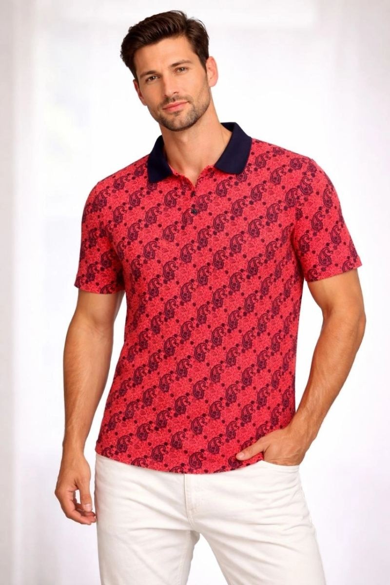 Fantastik Store Erkek Pike Kumaş Polo Yaka Palmiye Desenli Tişört Kısa Kol Yazlık T-Shirt - Kırmızı