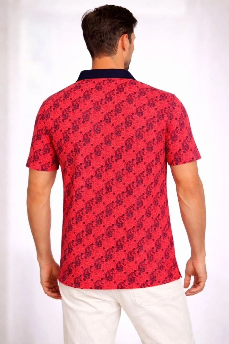 Fantastik Store Erkek Pike Kumaş Polo Yaka Palmiye Desenli Tişört Kısa Kol Yazlık T-Shirt - Kırmızı görsel 2