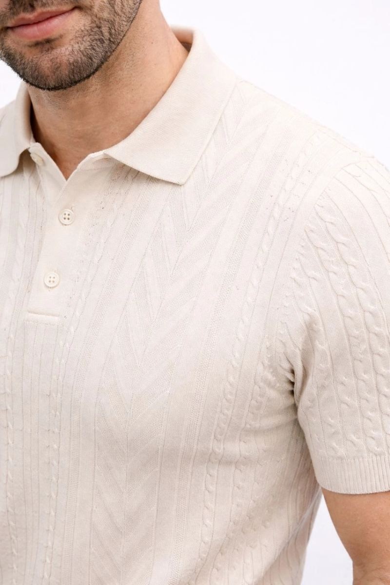 Fantastik Store Erkek Yazlık Triko Tişört Kısa Kol Polo Yaka Düğmeli T-Shirt - Krem