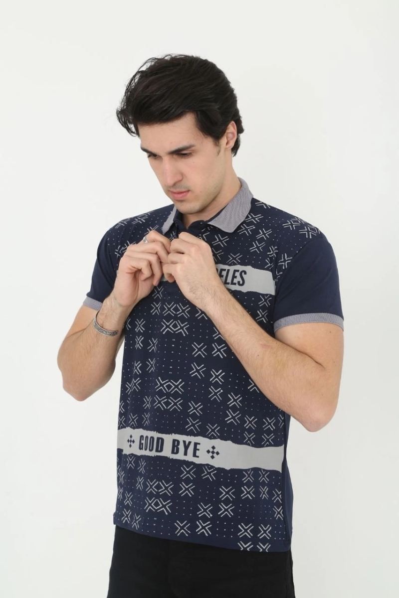 Fantastik Store Erkek Polo Yaka Tişört Slim Fit Baskılı kısa Kol T-Shirt - Lacivert