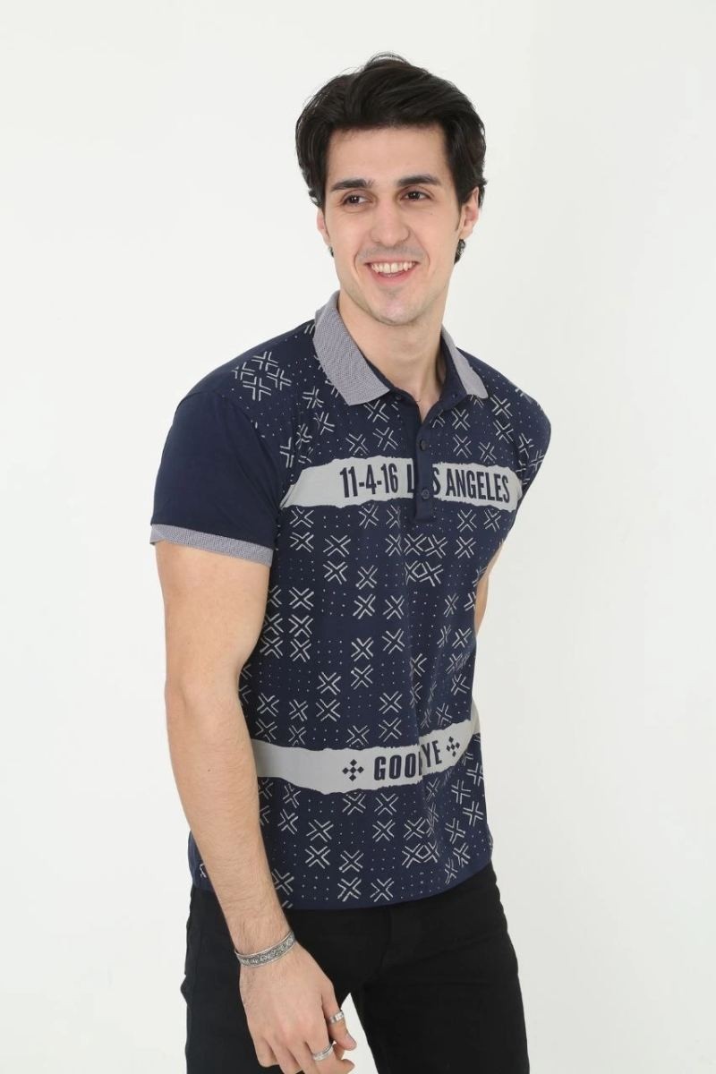 Fantastik Store Erkek Polo Yaka Tişört Slim Fit Baskılı kısa Kol T-Shirt - Lacivert görsel 2