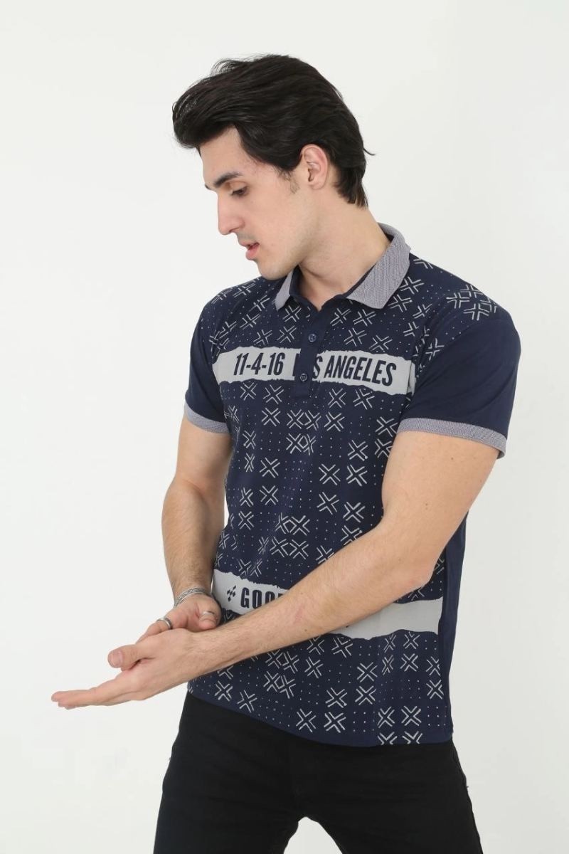 Fantastik Store Erkek Polo Yaka Tişört Slim Fit Baskılı kısa Kol T-Shirt - Lacivert görsel 3