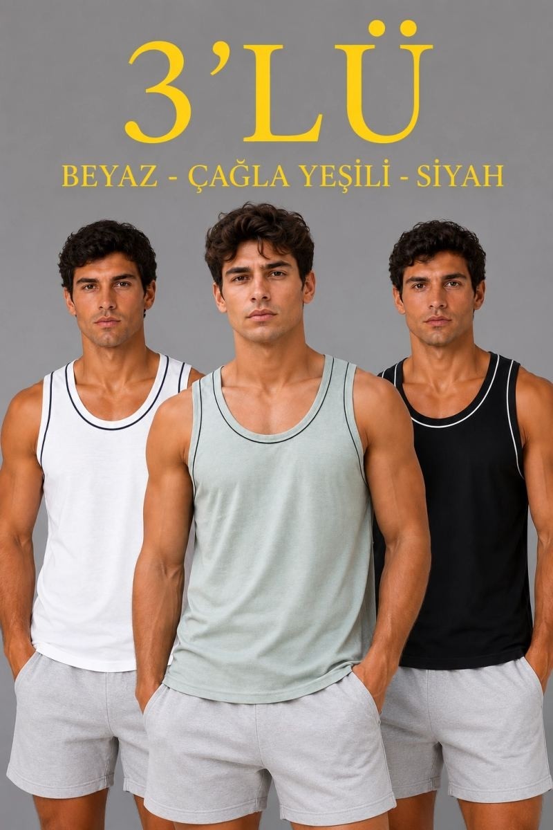 Fantastik Store Erkek 3’lü Kolsuz Sporcu Atlet Seti Yazlık Bisiklet Yakalı - Mint Yeşili, Siyah, Beyaz