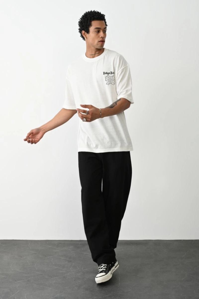 Fantastik Store Erkek Kısa Kol Yazlık Tişört Bisiklet Yaka Baskılı Oversize T-Shirt - Beyaz görsel 5