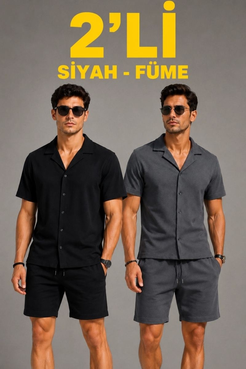 Fantastik Store Erkek 2'li Krep Kumaş Cepli Gömlek Şort Takım Kısa Kollu Bağcıklı - Siyah & Füme