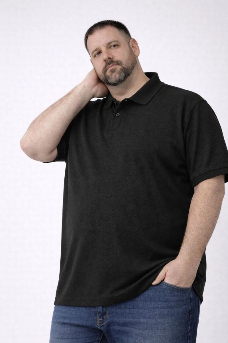 Fantastik Store Erkek Polo Yaka Düğmeli Tişört Pike Kumaş Battal Beden Kısa Kol T-Shirt - Siyah