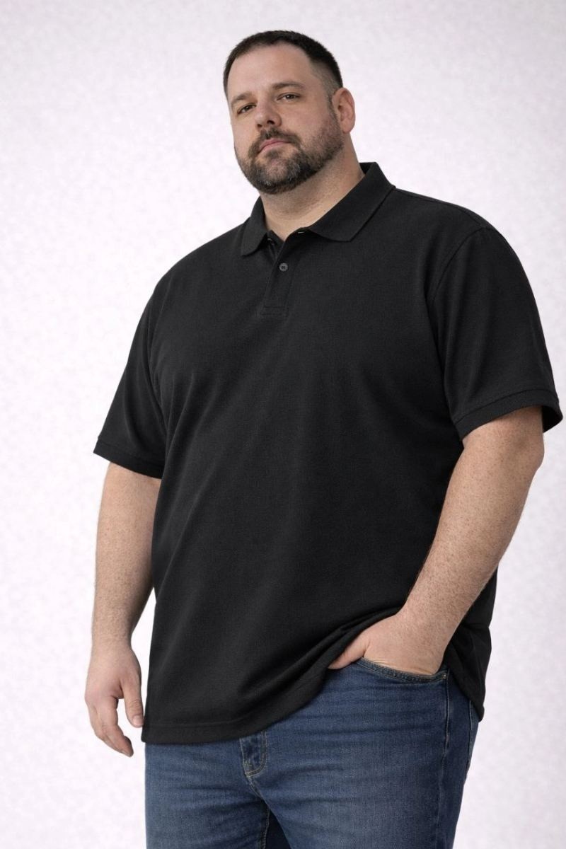 Fantastik Store Erkek Polo Yaka Düğmeli Tişört Pike Kumaş Battal Beden Kısa Kol T-Shirt - Siyah görsel 2