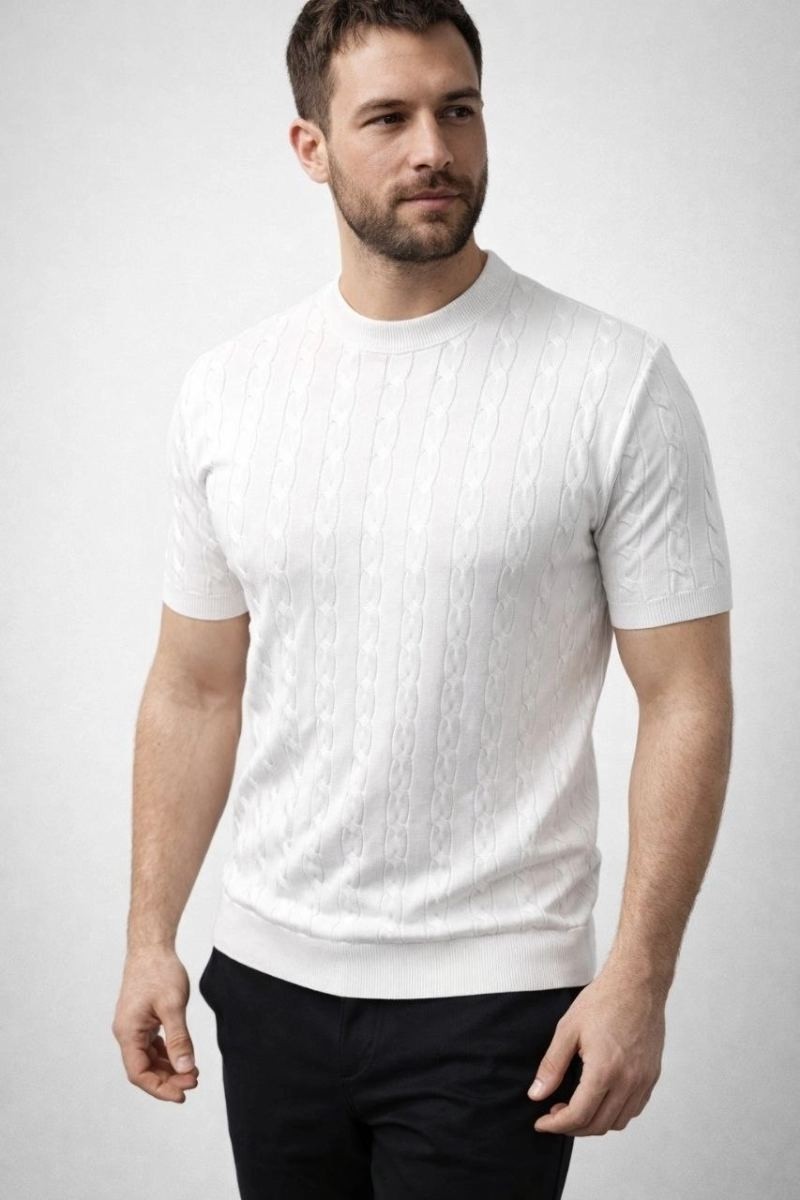 Fantastik Store Erkek Yazlık Triko Dokuma Tişört Kısa Kol Bisiklet Yaka Örgü Desenli T-Shirt - Beyaz görsel 2