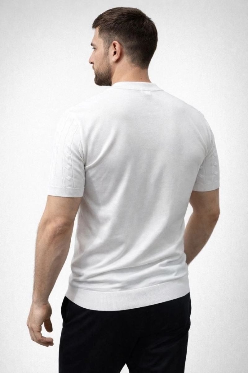 Fantastik Store Erkek Yazlık Triko Dokuma Tişört Kısa Kol Bisiklet Yaka Örgü Desenli T-Shirt - Beyaz görsel 4