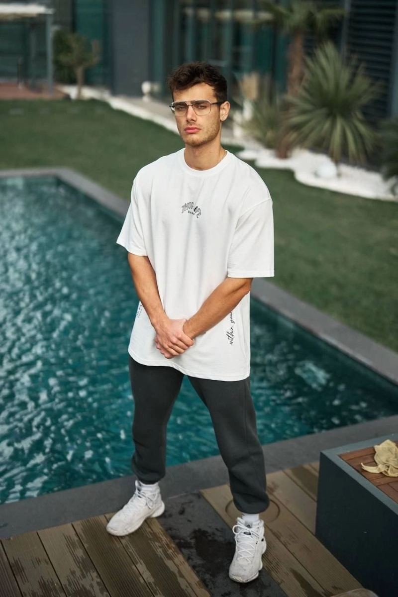 Fantastik Store Erkek Kısa Kol Tişört Bisiklet Yaka Filistin Poşulu Baskılı T-Shirt - Beyaz görsel 2