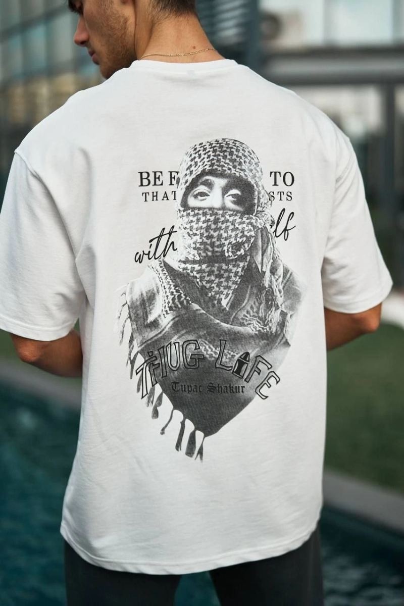 Fantastik Store Erkek Kısa Kol Tişört Bisiklet Yaka Filistin Poşulu Baskılı T-Shirt - Beyaz görsel 6