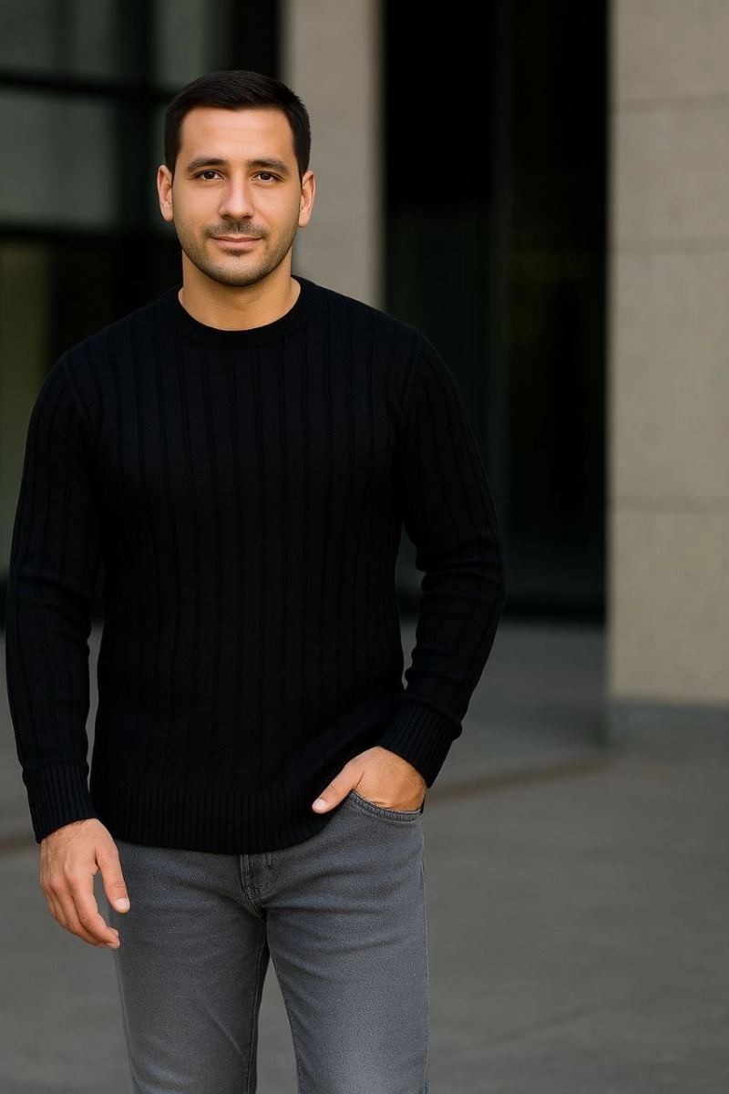 Fantastik Store Erkek Fitilli Triko Kazak 3'lü Set Bej Gri Siyah Bisiklet Yaka Regular Fit görsel 5