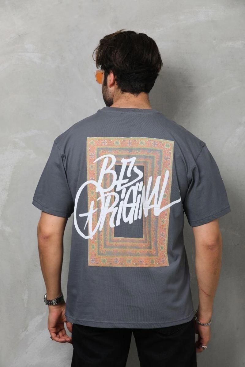 Fantastik Store Erkek Baskılı T-Shirt Kısa Kol Bisiklet Yaka Regular Fit Rahat Kalıp Tişört - Füme görsel 2