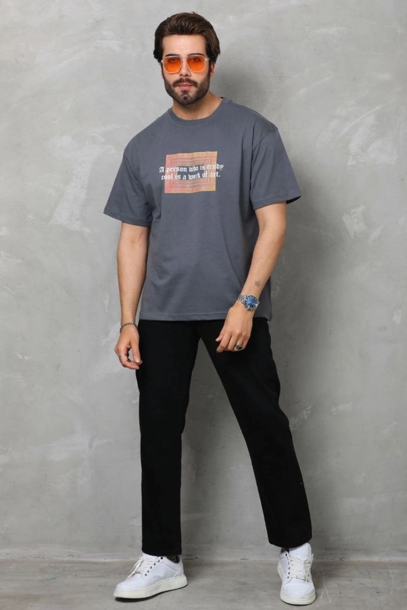 Fantastik Store Erkek Baskılı T-Shirt Kısa Kol Bisiklet Yaka Regular Fit Rahat Kalıp Tişört - Füme görsel 3