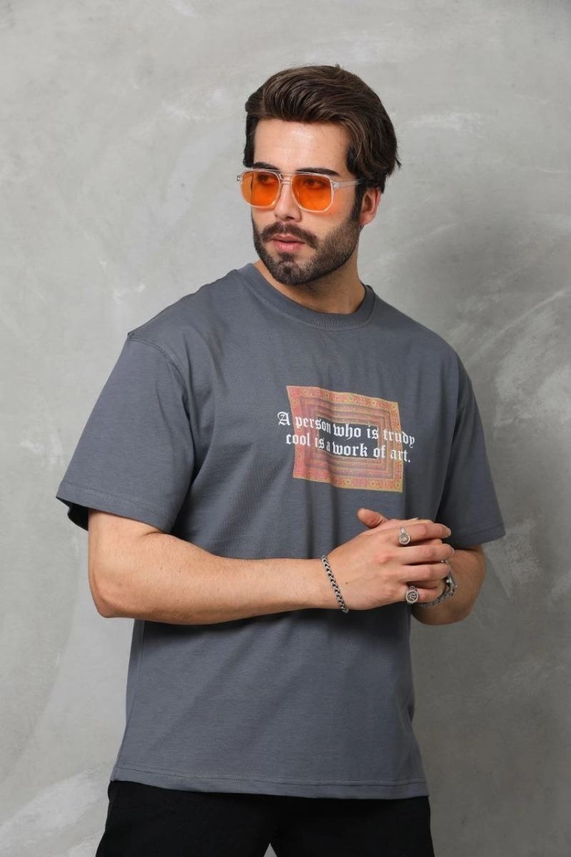 Fantastik Store Erkek Baskılı T-Shirt Kısa Kol Bisiklet Yaka Regular Fit Rahat Kalıp Tişört - Füme görsel 4