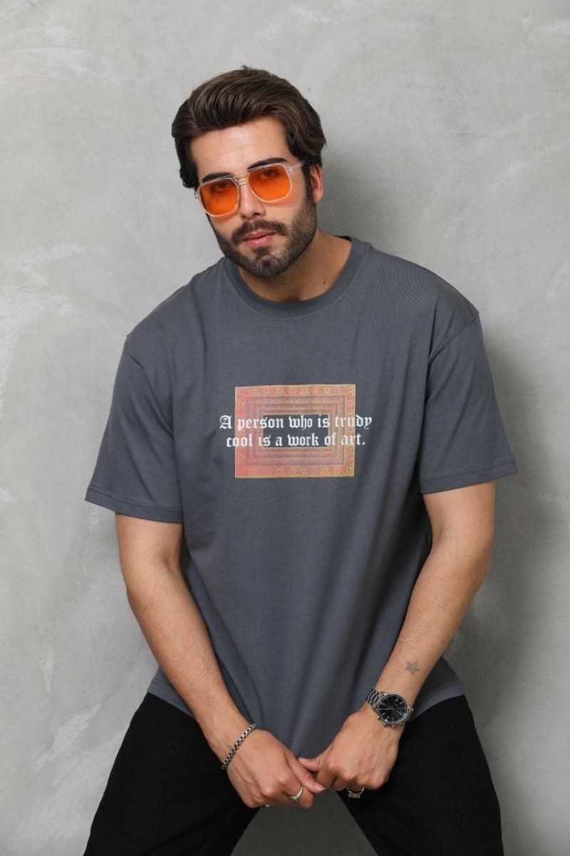 Fantastik Store Erkek Baskılı T-Shirt Kısa Kol Bisiklet Yaka Regular Fit Rahat Kalıp Tişört - Füme görsel 6