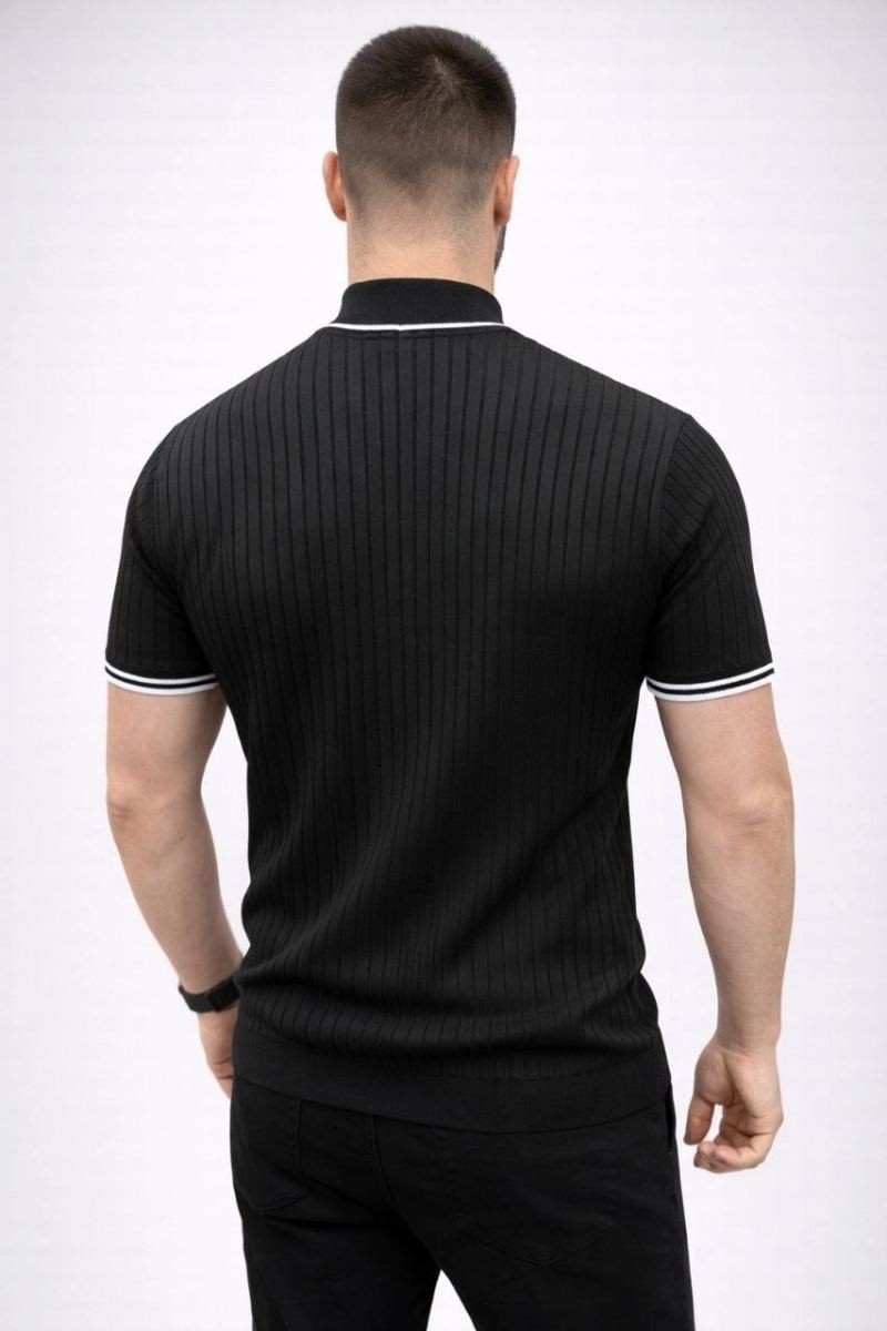 Fantastik Store Erkek Fitilli Triko Dokuma Kısa Kol Tişört Yarım Boğaz Modern Yazlık T-Shirt - Siyah görsel 2