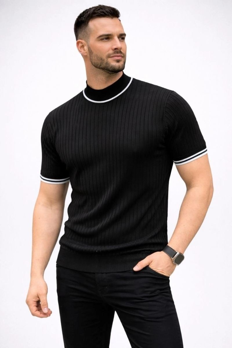 Fantastik Store Erkek Fitilli Triko Dokuma Kısa Kol Tişört Yarım Boğaz Modern Yazlık T-Shirt - Siyah görsel 3