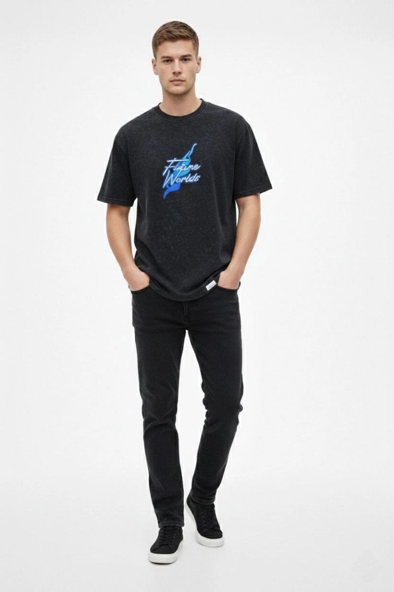 Fantastik Store Erkek Asit Yıkamalı Oversize Tişört Bisiklet Yaka Kısa Kol T-Shirt - Siyah görsel 4