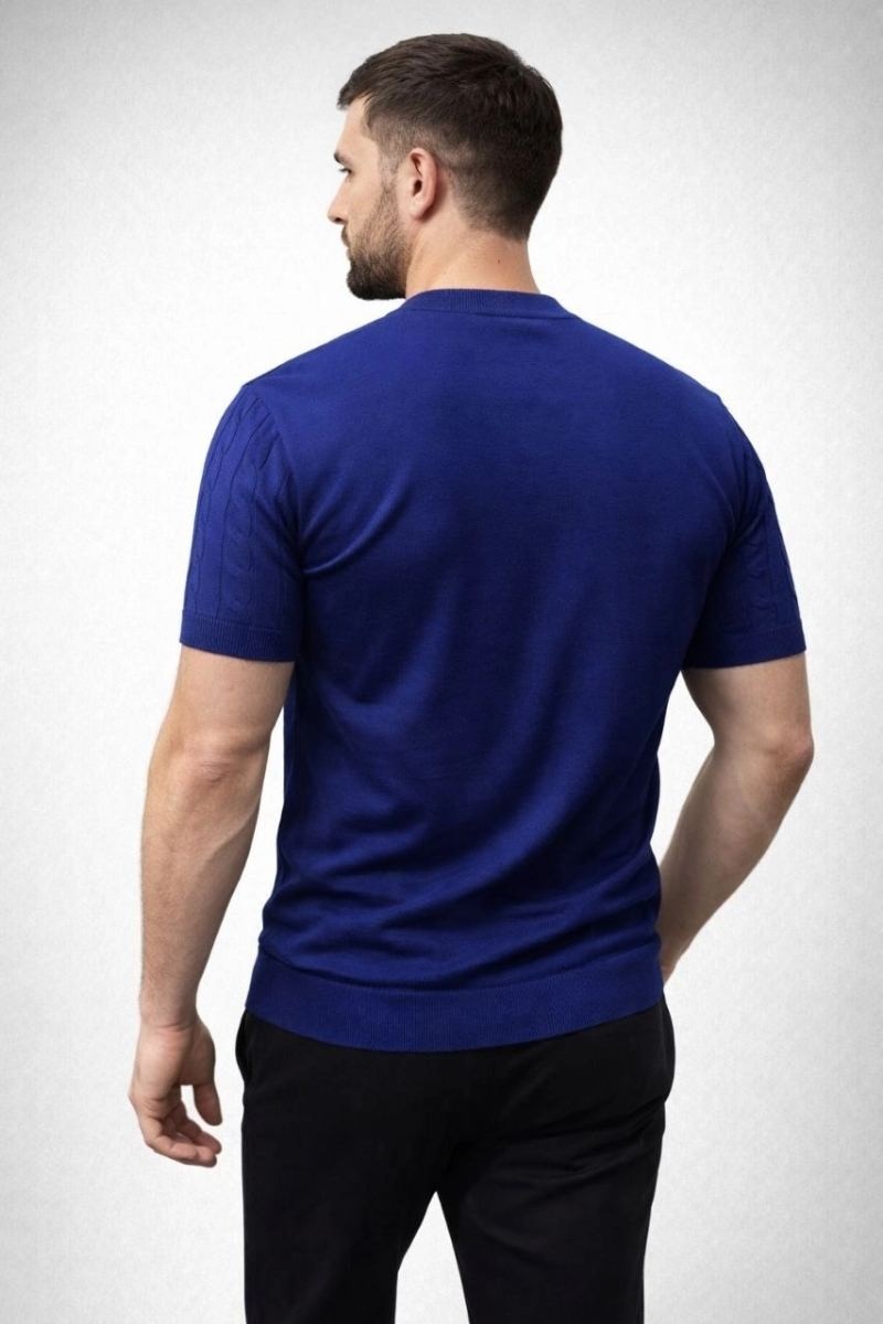 Fantastik Store Erkek Yazlık Triko Dokuma Tişört Kısa Kol Bisiklet Yaka Örgü Desenli T-Shirt - Lacivert görsel 2