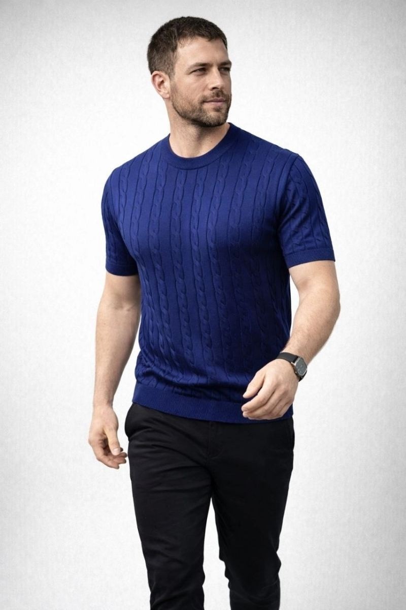 Fantastik Store Erkek Yazlık Triko Dokuma Tişört Kısa Kol Bisiklet Yaka Örgü Desenli T-Shirt - Lacivert görsel 3