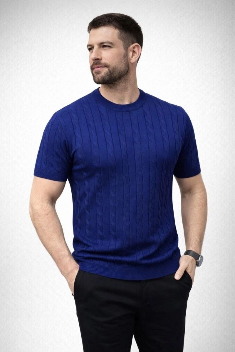 Fantastik Store Erkek Yazlık Triko Dokuma Tişört Kısa Kol Bisiklet Yaka Örgü Desenli T-Shirt - Lacivert görsel 4