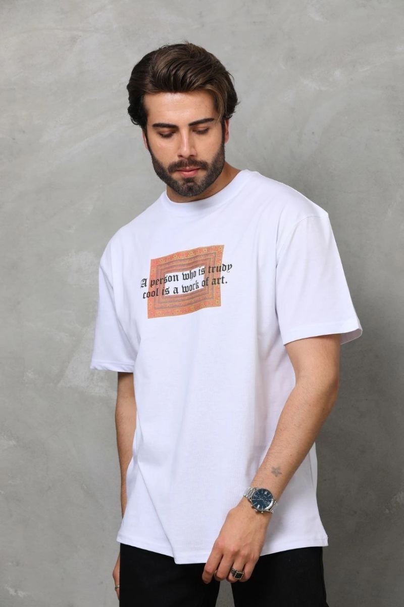 Fantastik Store Erkek Baskılı T-Shirt Kısa Kol Bisiklet Yaka Regular Fit Rahat Kalıp Tişört - Beyaz görsel 2
