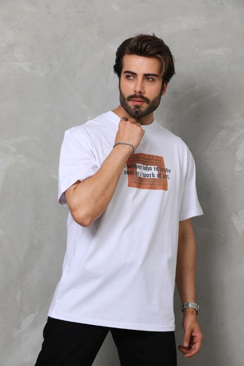 Fantastik Store Erkek Baskılı T-Shirt Kısa Kol Bisiklet Yaka Regular Fit Rahat Kalıp Tişört - Beyaz görsel 4