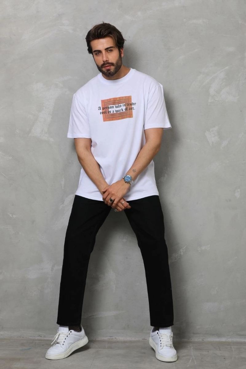 Fantastik Store Erkek Baskılı T-Shirt Kısa Kol Bisiklet Yaka Regular Fit Rahat Kalıp Tişört - Beyaz görsel 6