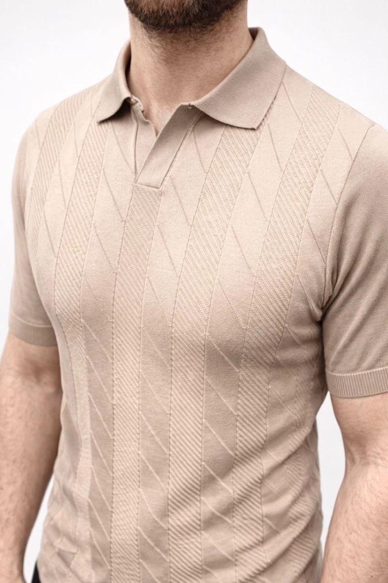 Fantastik Store Erkek Yazlık Triko Dokuma Tişört Kısa Kol Polo Yaka T-Shirt - Bej