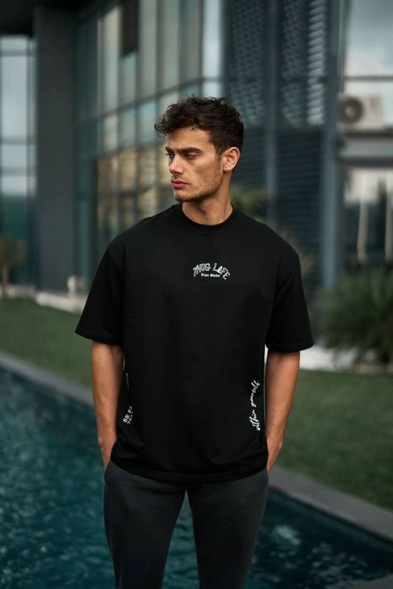 Fantastik Store Erkek Kısa Kol Tişört Bisiklet Yaka Filistin Poşulu Baskılı T-Shirt - Siyah görsel 3