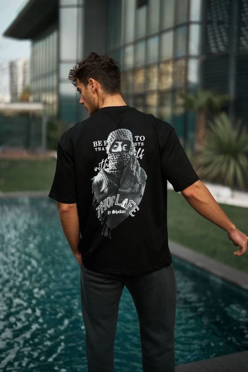 Fantastik Store Erkek Kısa Kol Tişört Bisiklet Yaka Filistin Poşulu Baskılı T-Shirt - Siyah görsel 6