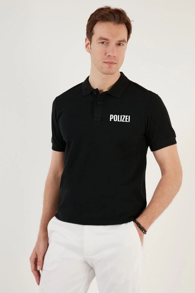 Fantastik Store Erkek Polo Yaka Tişört Düğmeli Pike Baskılı T-Shirt - Siyah