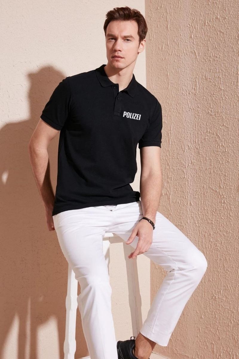 Fantastik Store Erkek Polo Yaka Tişört Düğmeli Pike Baskılı T-Shirt - Siyah görsel 3