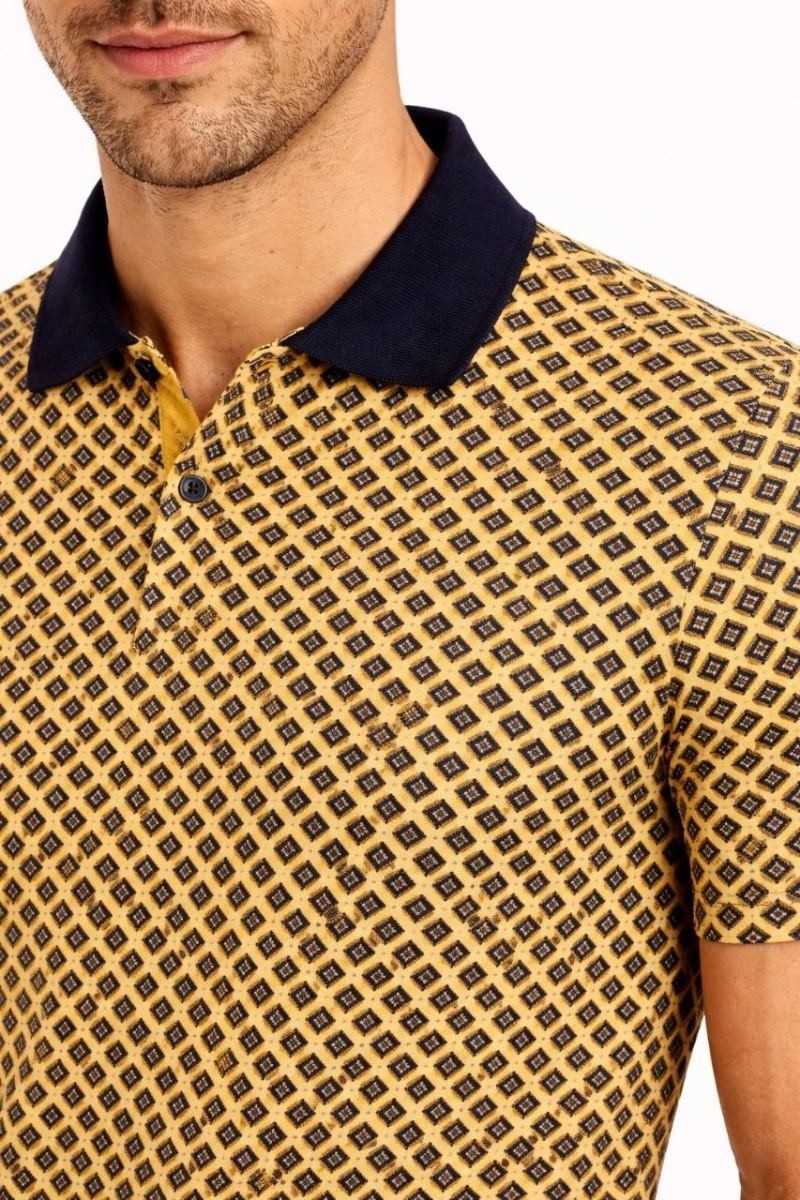 Fantastik Store Erkek Pike Kumaş Polo Yaka Desenli Tişört Kısa Kol Yazlık T-Shirt - Sarı görsel 2