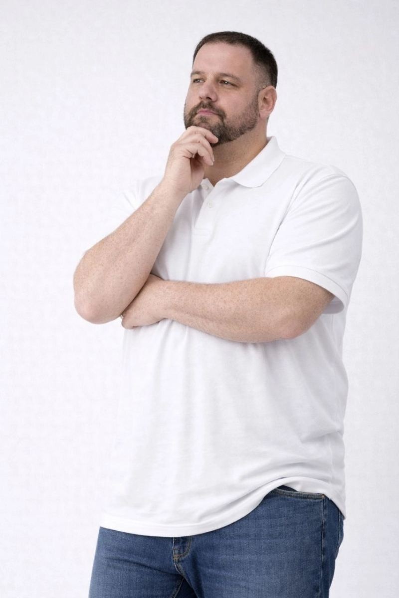 Fantastik Store Erkek Polo Yaka Düğmeli Tişört Pike Kumaş Battal Beden Kısa Kol T-Shirt - Beyaz