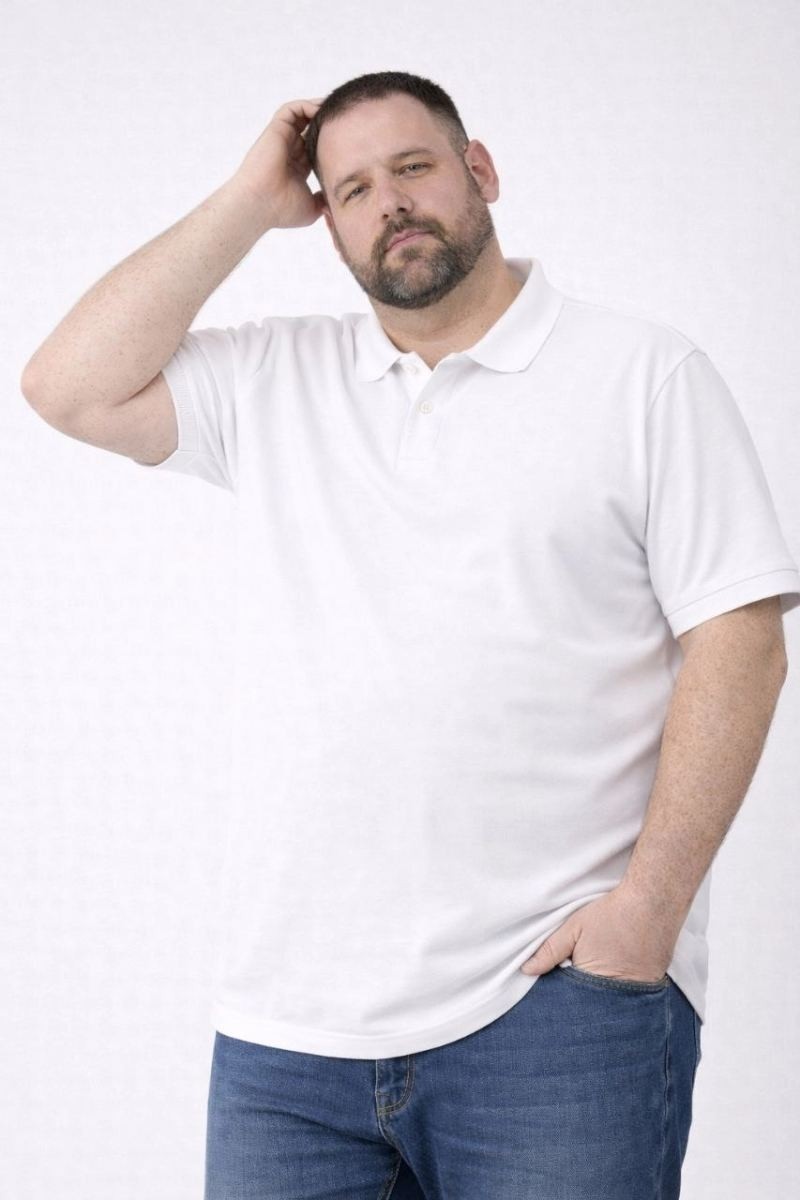 Fantastik Store Erkek Polo Yaka Düğmeli Tişört Pike Kumaş Battal Beden Kısa Kol T-Shirt - Beyaz görsel 2