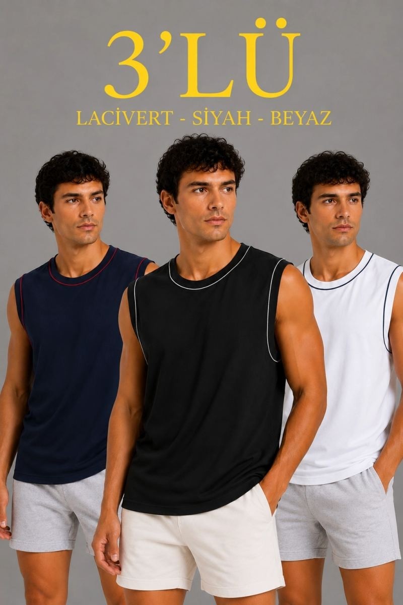 Fantastik Store Erkek 3’lü Kolsuz Sporcu Atlet Seti Yazlık Bisiklet Yaka - Siyah, Lacivert, Beyaz