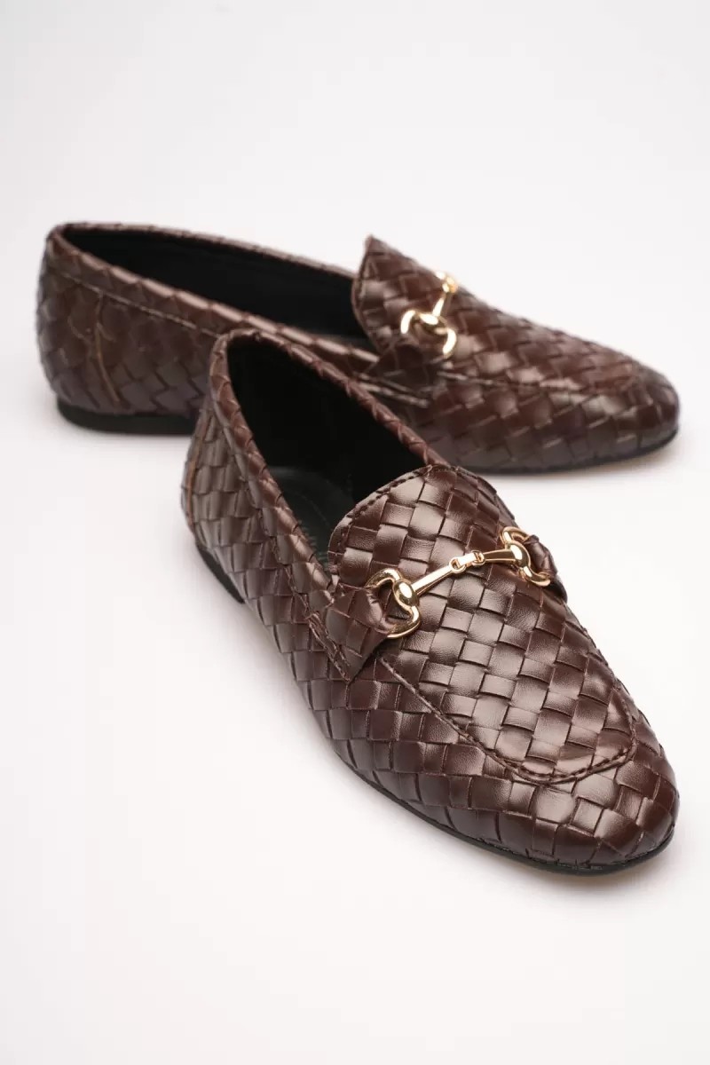 Fantastik Store Kadın Acı Kahve Örgü Desenli Tokalı Günlük Rahat Loafer Ayakkabı TR23MS09C